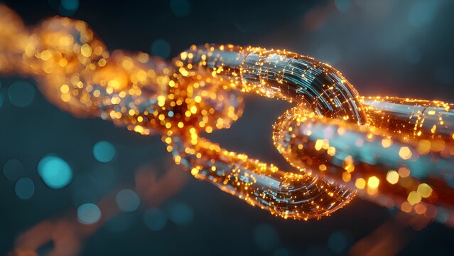 Digitize interconnected AI automation chain links innovative, data security technology, authenticity,. Access metal chain with glowing digital data, self exercuting, networking blockchain technology.