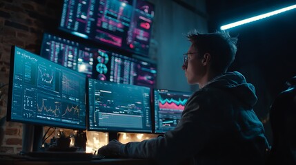 Man sitting at desk with multiple computer monitors displaying graphs and charts in dark room