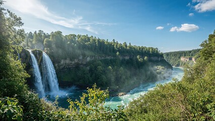 A scenic view of a waterfall amid lush greenery with a bright blue sky and some clouds. Nature and landscape photography. The scene showcases the beauty of natural waterfalls and forest.