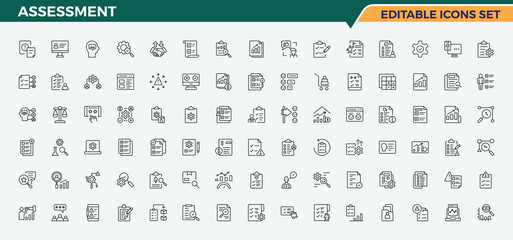 Assessment line icon set. Outline icons in linear style. Graph icon. It contains symbols to research, finance, document, magnify, check and more.