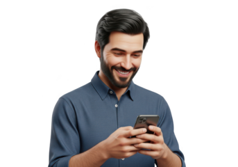 Smiling man using smartphone isolated on transparent background
