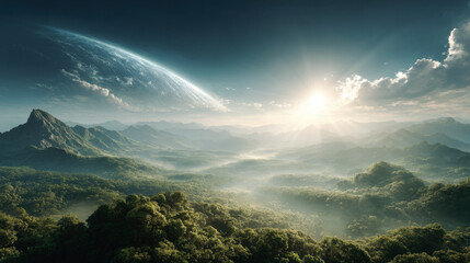 Obraz premium Stunning view of the mountains from the top of a hill, with lush green trees in the foreground and a beautiful sky with clouds and sun in the background. Commercial illustration artwork. Illustration.