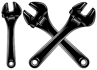 Adjustable wrench vector illustration set with tools for repair, construction, and mechanical work, ideal for industrial design.