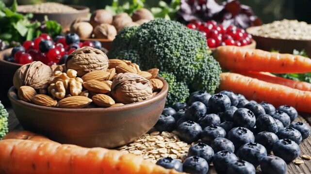 Vibrant spread of fresh broccoli, carrots, berries, and a bowl of assorted nuts on a colorful table