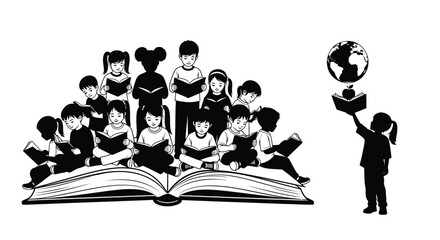 Children reading and learning together with an open book and a globe © MITHUN