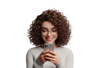 Young woman with curly hair using smartphone isolated on transparent background