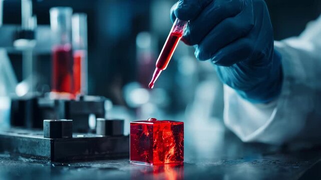 Quality control engineer applying red dyepenetrant liquid on a metal mold highlighting cracks and imperfections for thorough defect analysis.