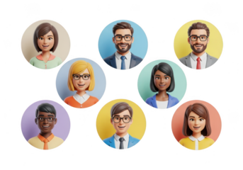 Diverse group of cartoon business people avatars isolated on transparent background