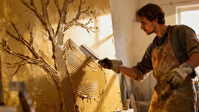 Craftsman dragging a comb through wet plaster on a large wall producing intricate linear patterns in a warm natural lighting environment.