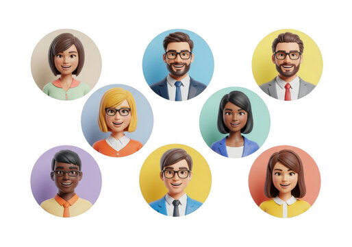 Diverse group of cartoon business people avatars isolated on transparent background