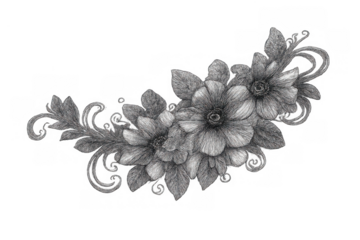 Pencil drawing, delicate floral arrangement, a hand drawn sketch of a flower bouquet with ornamental leaves