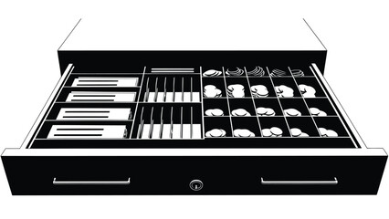 Open drawer with organized kitchen utensils and cutlery on , flat design isolated on white background