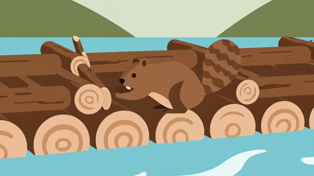 Cartoon Beaver Builds a Log Raft in a Scenic River Landscape Animation Style