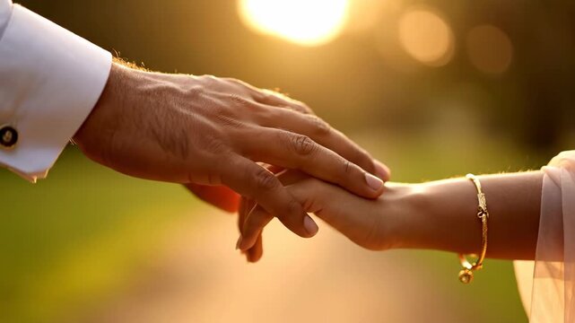 Closeup captures a mans hand with a cufflink gently touching a womans wrist adorned with a gold bracelet