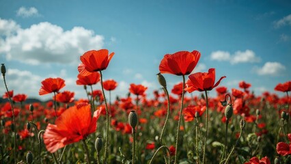 Obraz premium Bright red poppies in a field under a blue sky with clouds, capturing a vibrant and natural floral scene.