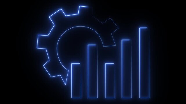 neon-style graphic representing business graph improvement or productivity management. The graphic combines a gear icon and a rising bar chart with a neon blue glow. 