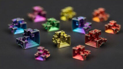 Rainbow bismuth crystals forming cubic metallic geometry in macro close‑up with iridescent abstract composition