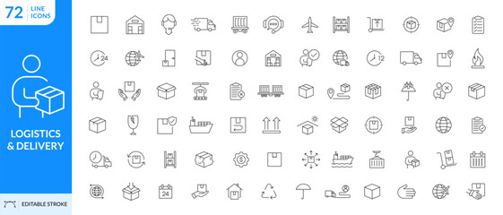 Logistics icon set. Editable line icons. Delivery, shipping, distribution, cargo, transportation, Warehouse, Container, Supply Chain, Fulfillment