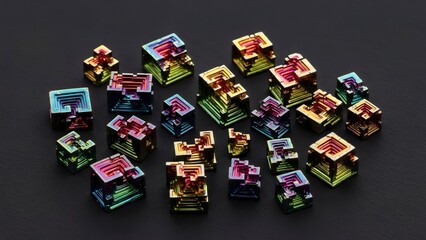 Abstract artwork featuring bismuth crystals rainbow cubes with iridescent metallic geometry in macro detail