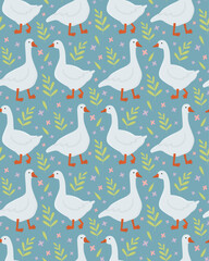 Seamless background with geese, flowers and leafy branches. Blue botanical pattern of farm birds