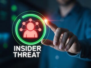 Person pressing a button with an insider threat icon on a digital interface, Cybersecurity concept