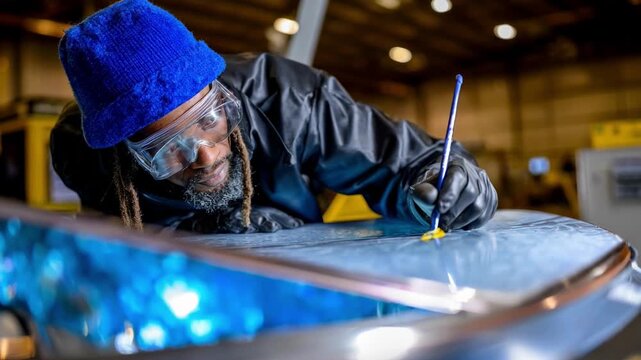 Technician inspects metal anodizing quality on aerospace aluminum components ensuring precise oxidation layers for durability in aviation manufacturing.