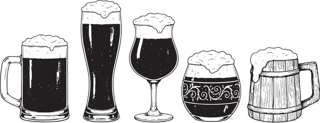 Set of detailed hand drawn beer glass and wooden mug sketches, vintage craft beer pint icons with foam for brewery branding, bar menu, and pub decor.