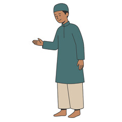 Traditional Asian man in blue attire gesturing with hand
