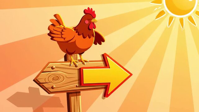 Cartoon Chicken Guiding With Signpost Under Sunbeams Animated Vector, A Directional Clipart