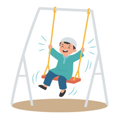 Happy child swinging on playground swing set with joyful expression