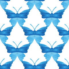 Seamless pattern with blue watercolor butterflies. Summer, abstract, marine, and sky background.