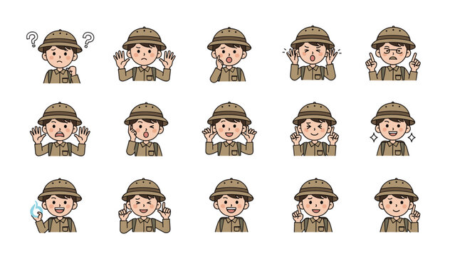 Set of facial expressions showing a young boy in a safari outfit experiencing many various emotions and feelings.