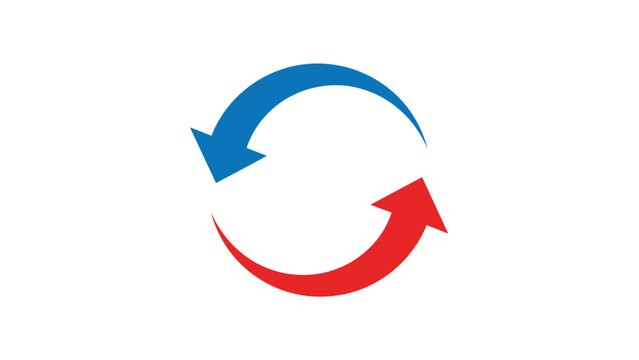 Simple graphic illustration of two curved arrows forming a circle in blue and red to represent a repeat cycle process.