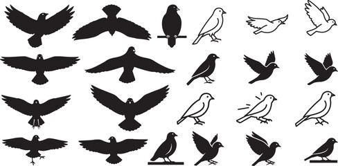 Vector silhouette icon set of bird wing motion actions showing wings down wings up gliding landing and perched flight movement illustration