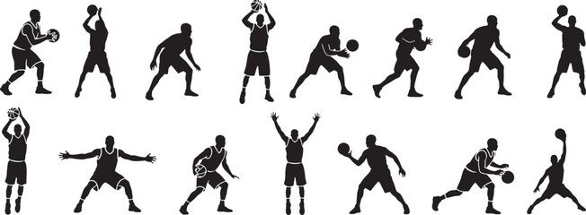 Vector silhouette icon set of basketball player action poses showing dribbling shooting jumping defensive stance and passing court game motion illustration