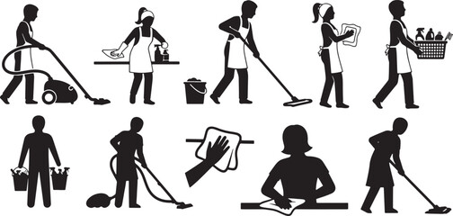 Vector silhouette icon set of home cleaning action poses showing vacuuming mopping wiping surfaces and carrying cleaning supplies household chores illustration