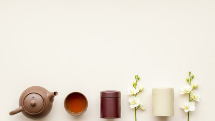 Horizontal product row featuring Qingming festival background with dual tea canisters and orchids, minimalist spring celebration design with copy space