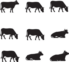 Silhouette icon set of cow farm animal poses showing standing walking grazing lying down and turning head livestock movement illustration