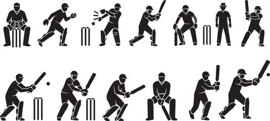 Vector silhouette icon set of cricket player action poses showing batting bowling fielding catching and wicket keeping sport motion illustration
