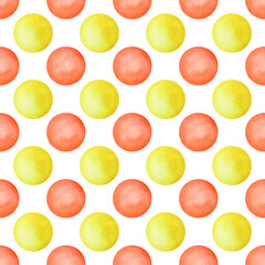A seamless pattern with watercolor yellow and red circles. A bright summer print.