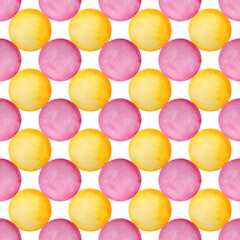 A seamless pattern with watercolor orange and purple circles. A vibrant geometric print.