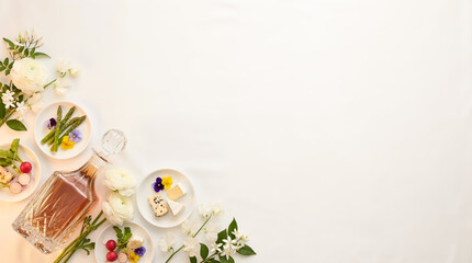 Luxury Qingming festival background with soft cream copyspace background and refined offering arrangement. Elegant spring design background with space for text