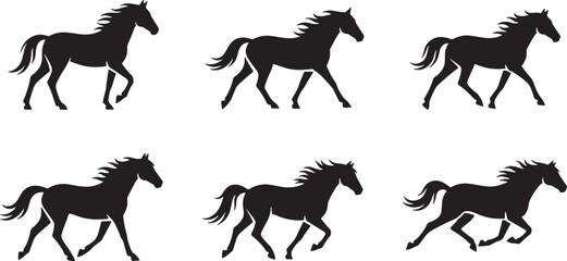 Vector silhouette icon set of horse movement poses showing standing walking trotting and galloping equine motion wildlife illustration