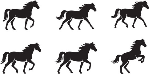 Vector silhouette icon set of horse movement poses showing standing walking trotting and galloping equine motion wildlife illustration