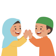 Happy Muslim kids in traditional clothing giving high five
