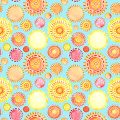A seamless pattern with watercolor suns on a blue background. A bright summer print.