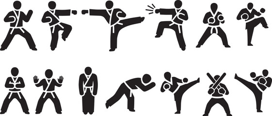 Silhouette icon set of martial arts fighting actions showing combat stances kicking punching blocking and bowing traditional self defense training illustration