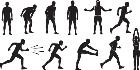 Vector silhouette icon set of runner athlete action poses showing standing warm up running sprinting and stretching fitness sport motion illustration