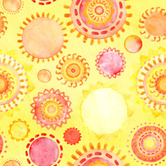Seamless watercolor pattern with suns. Bright summer sunny background.