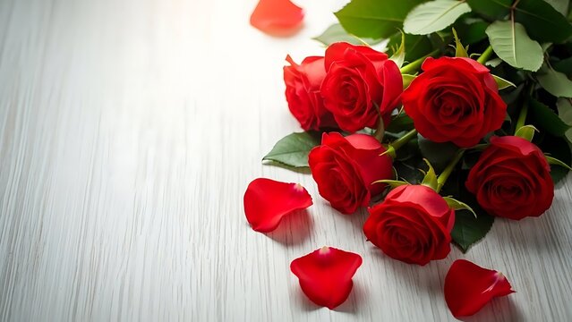 Valentines day roses bouquet with red roses and petals on white background